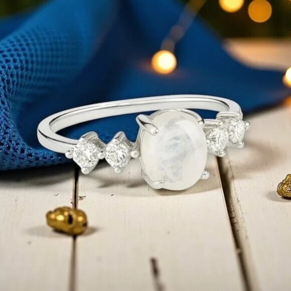🆕Moonstone Minimalist Ring S925 Sterling Silver Genuine Gemstone CZ Stones Sz 7 - Picture 7 of 11